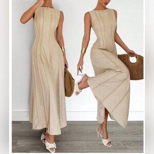 Split Pleated Waist A-Line Dress Beige